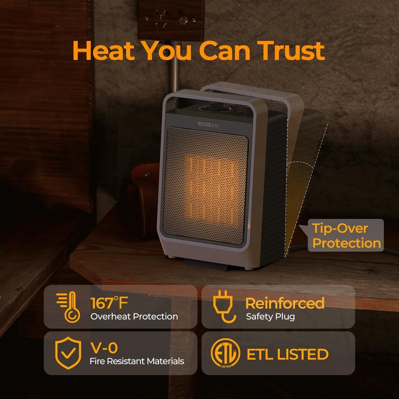 Rosekm Space Heaters for Indoor Use, 1500W Portable Electric Heater with Thermostat, Ceramic Heater for Room Bedroom Office Under Desk with 3 Heating Levels, Safe Tip-Over Protection - Image 3